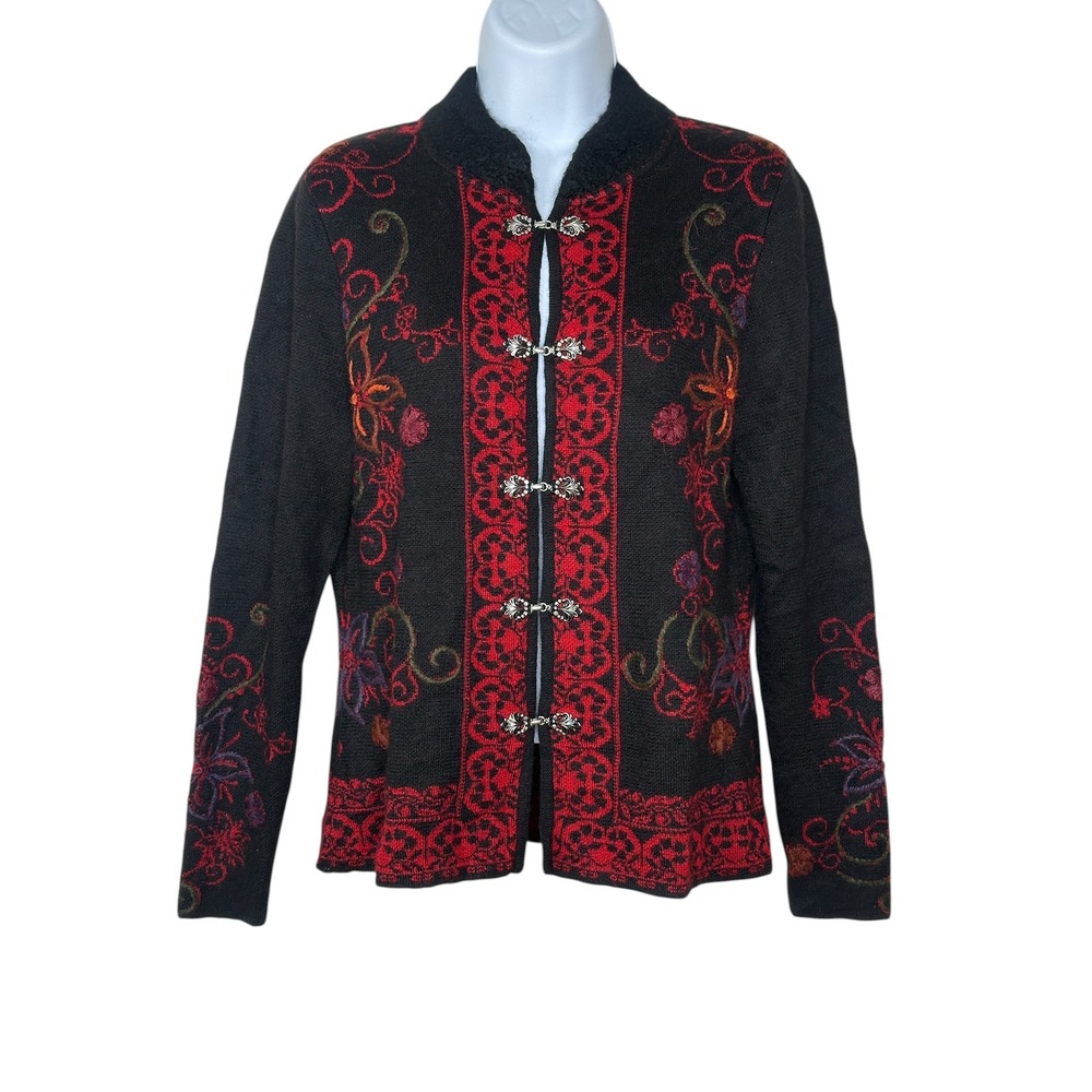 North Style Cardigan Black Floral Embroidered Metal Clasp Nordic Peruvian SMALL - Picture 2 of 14